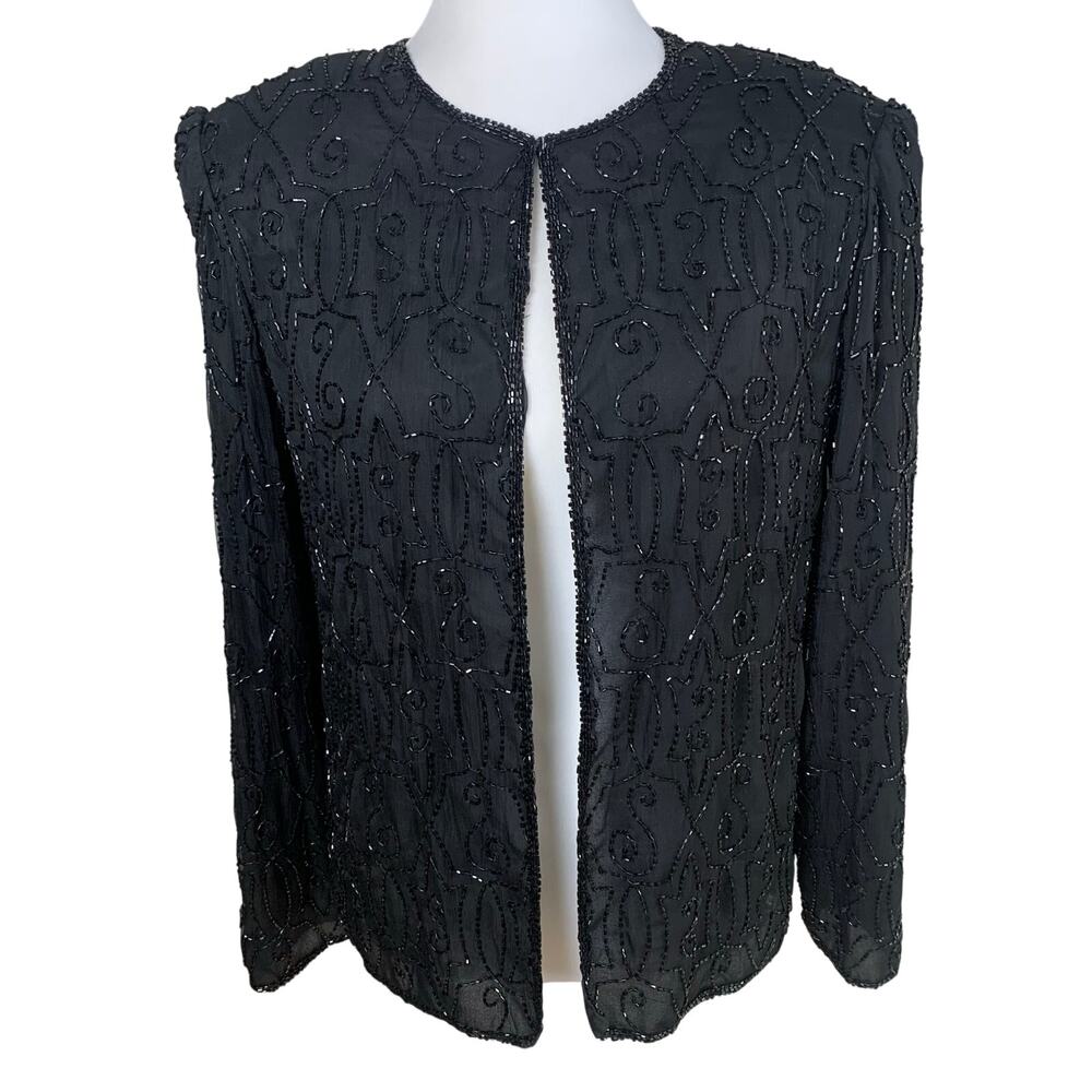 NEW Vintage J.M.C Black Beaded 100% Silk Jacket Size S Evening Formal 